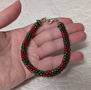 Silver, Red and Green Microbead Bracelet